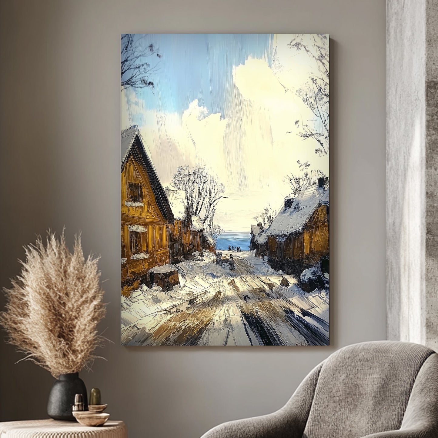 Snow-covered village street with warm wooden houses, golden lighting, and a blue sky backdrop.