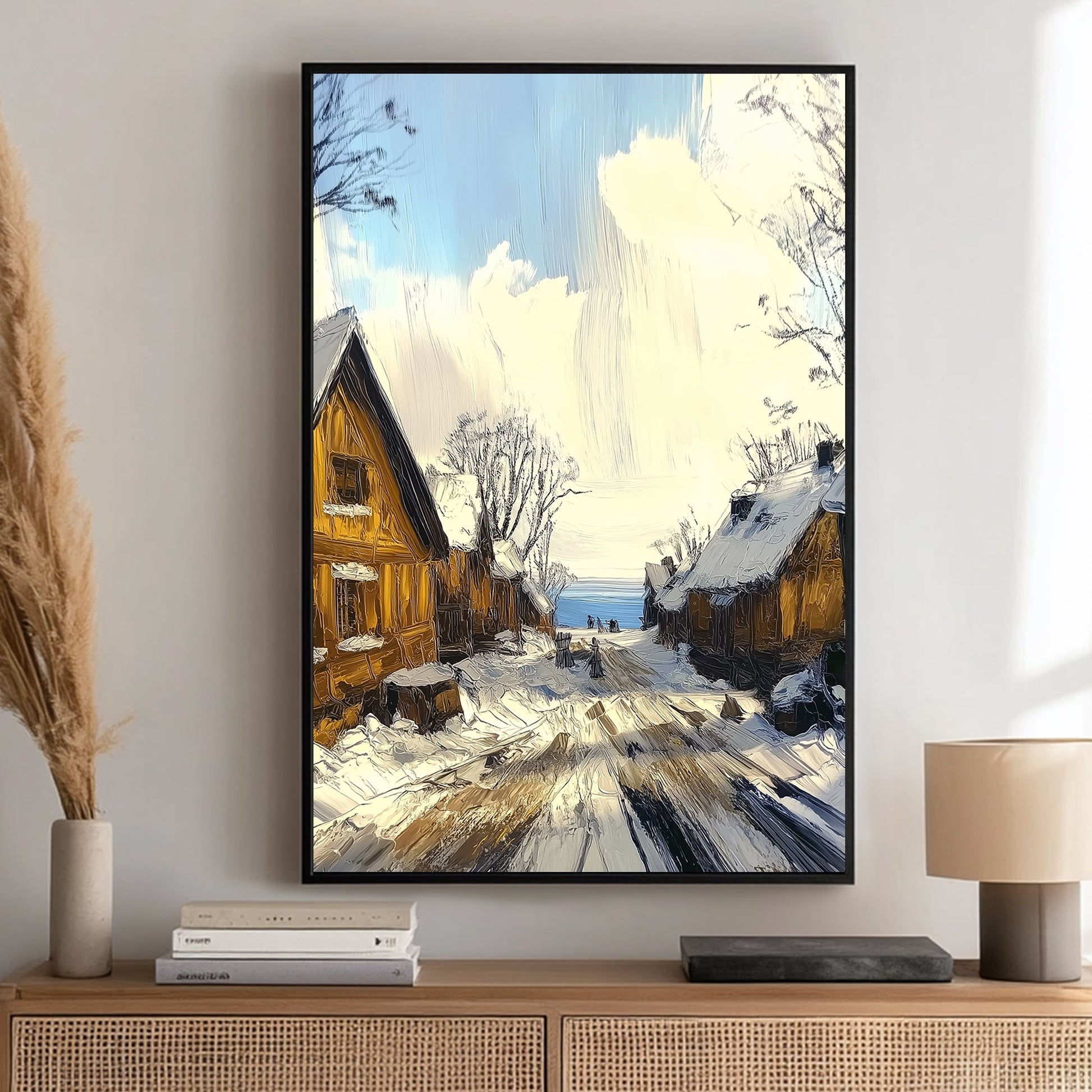 Snow-covered village street with warm wooden houses, golden lighting, and a blue sky backdrop.