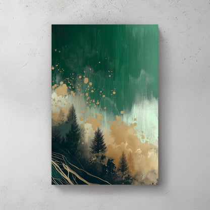 Abstract green forest scene with golden accents and dark tree silhouettes.