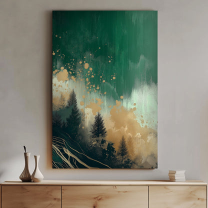 Abstract green forest scene with golden accents and dark tree silhouettes.