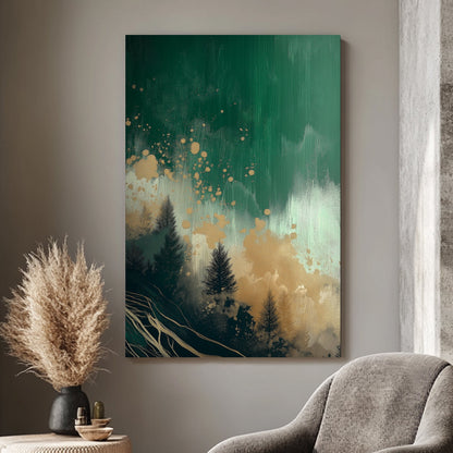 Abstract green forest scene with golden accents and dark tree silhouettes.