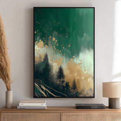 Abstract green forest scene with golden accents and dark tree silhouettes.