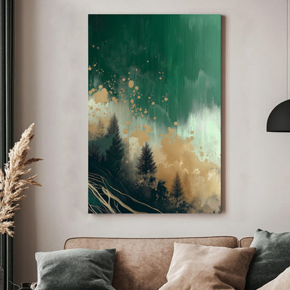 Abstract green forest scene with golden accents and dark tree silhouettes.