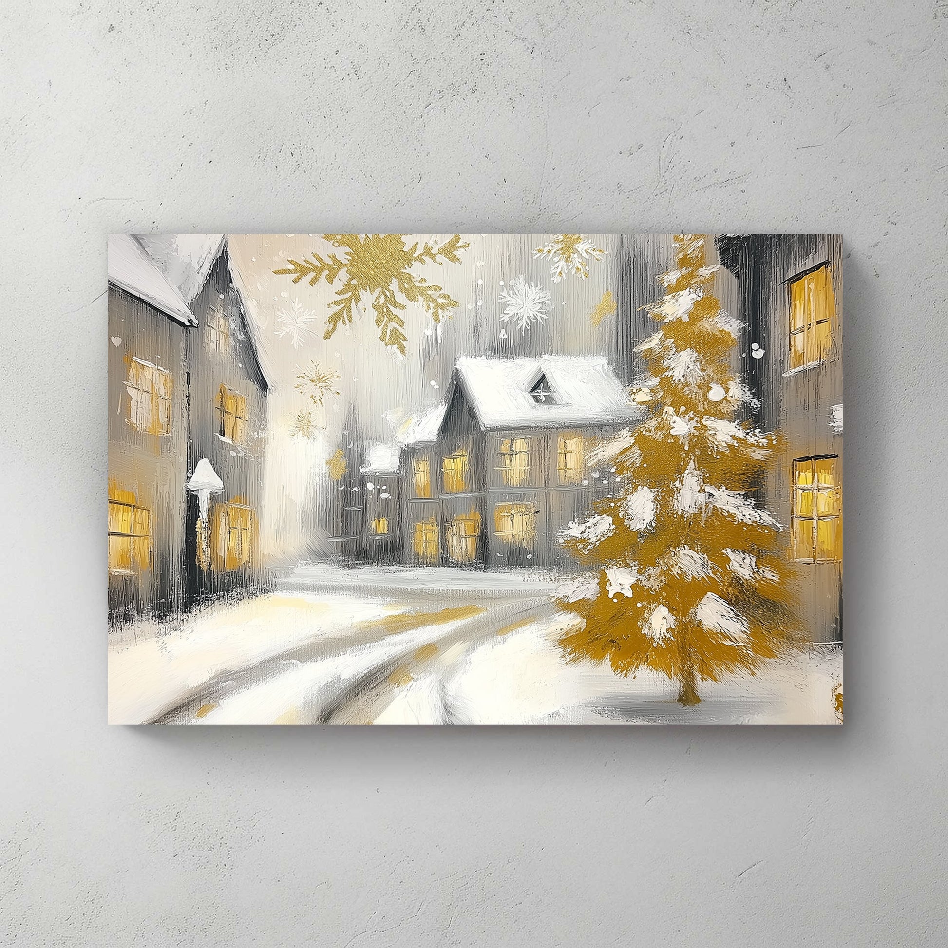 Snowy village with glowing windows, golden Christmas tree, and golden snowflakes.