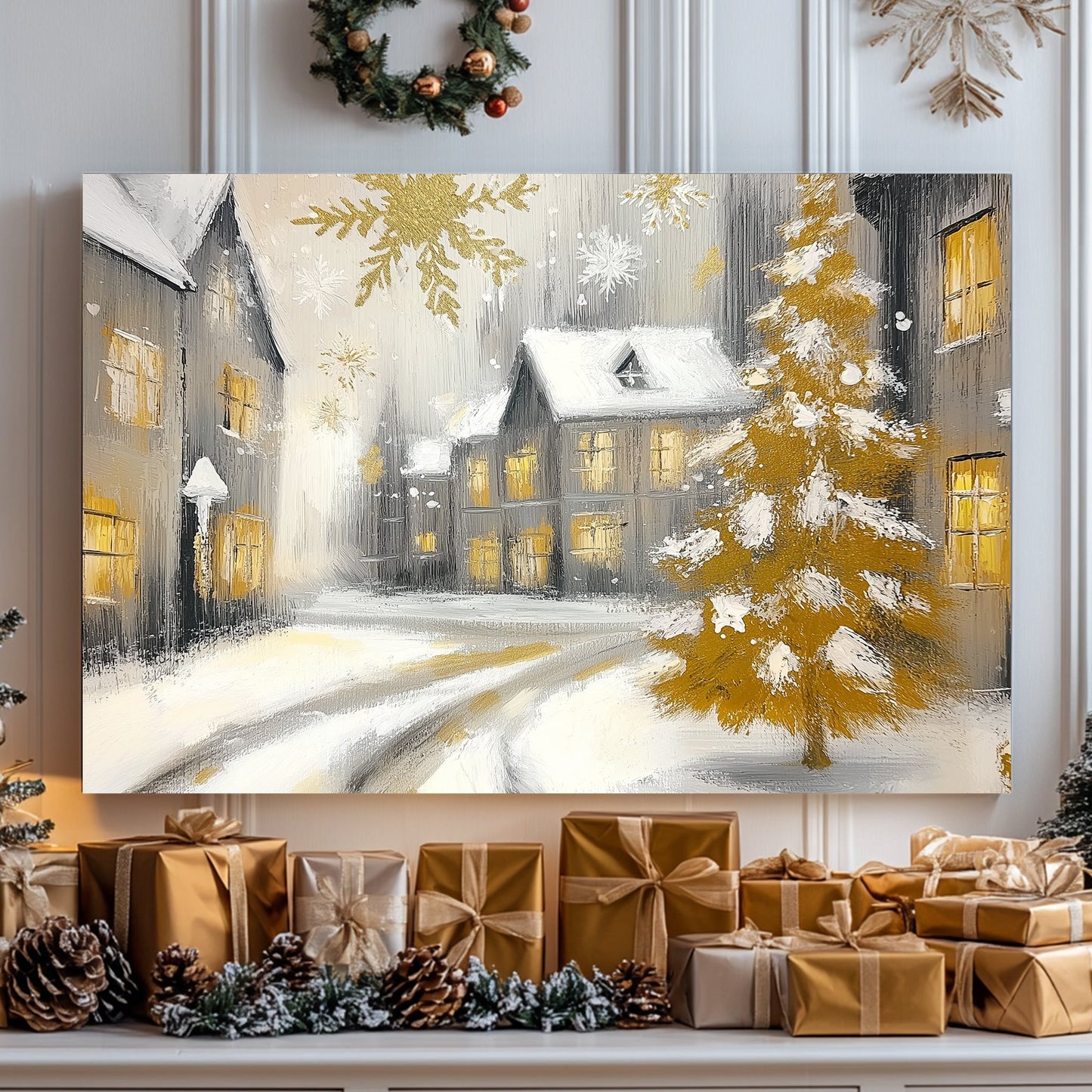 Snowy village with glowing windows, golden Christmas tree, and golden snowflakes.