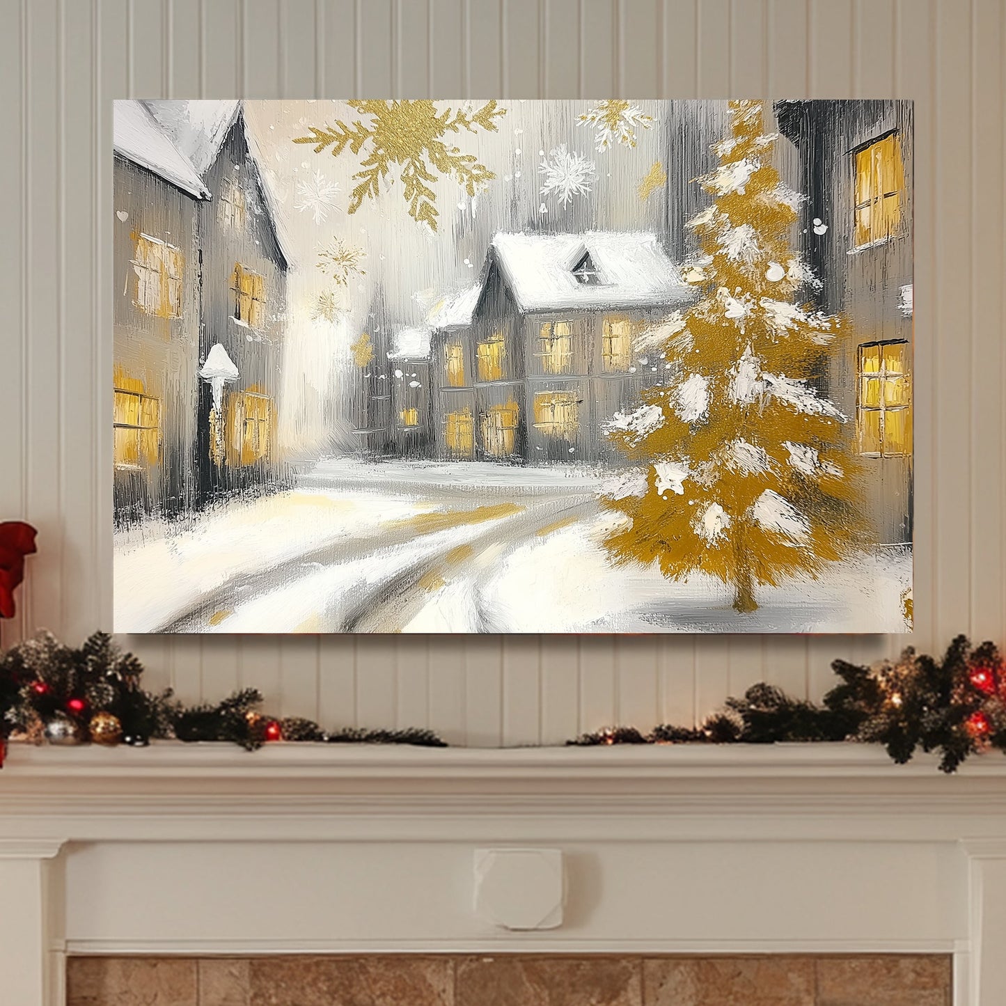 Snowy village with glowing windows, golden Christmas tree, and golden snowflakes.