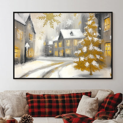 Snowy village with glowing windows, golden Christmas tree, and golden snowflakes.