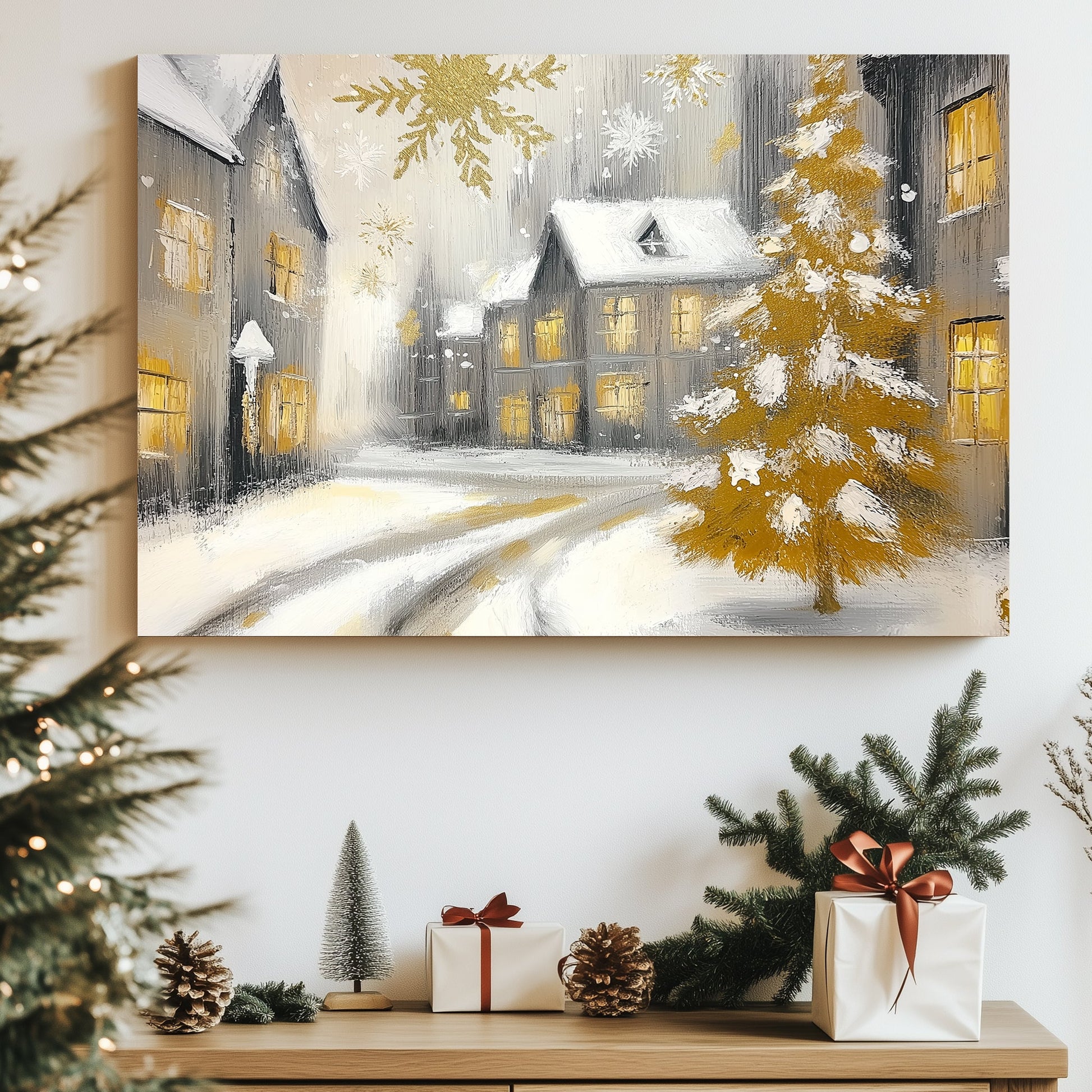 Snowy village with glowing windows, golden Christmas tree, and golden snowflakes.