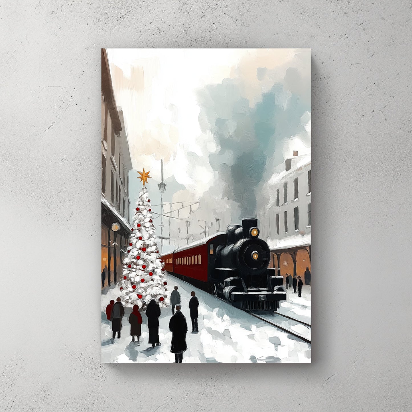 Snowy train station with a decorated Christmas tree, vintage locomotive, and people gathered on the platform.