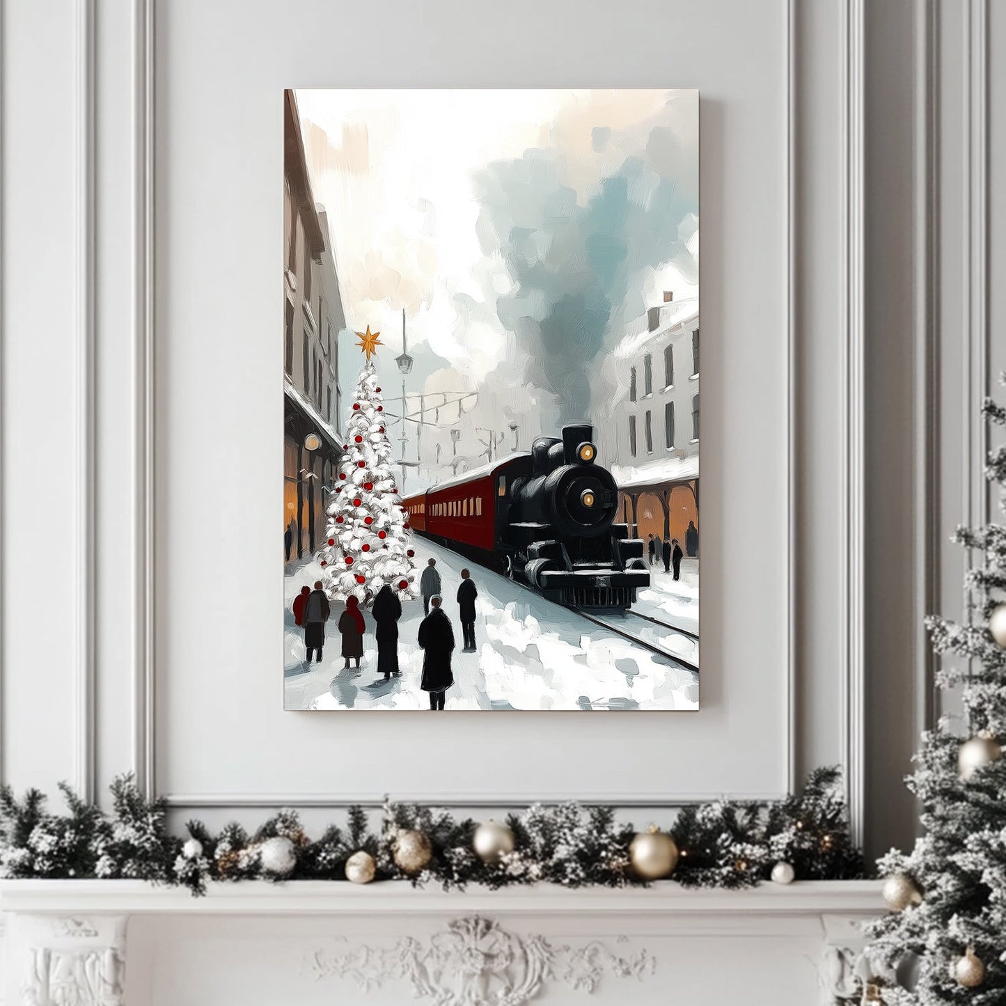 Snowy train station with a decorated Christmas tree, vintage locomotive, and people gathered on the platform.