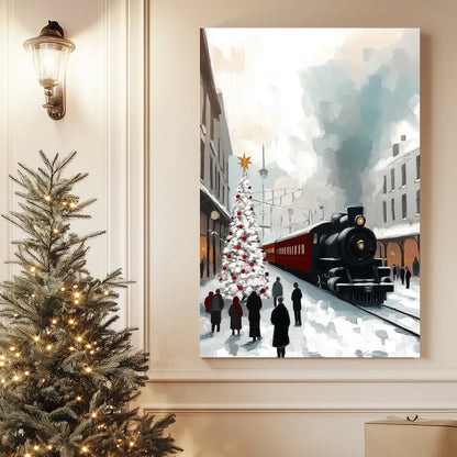 Snowy train station with a decorated Christmas tree, vintage locomotive, and people gathered on the platform.