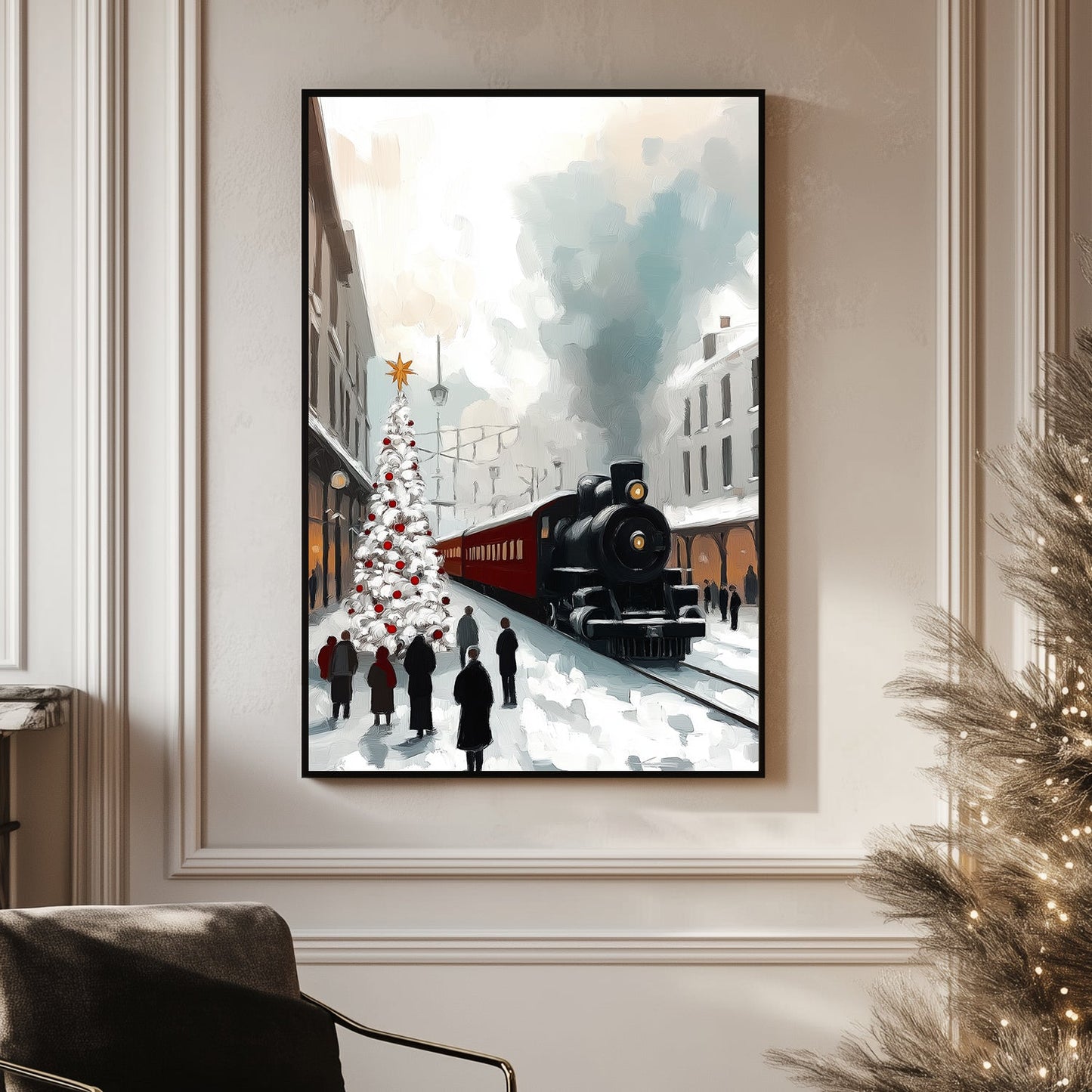 Snowy train station with a decorated Christmas tree, vintage locomotive, and people gathered on the platform.