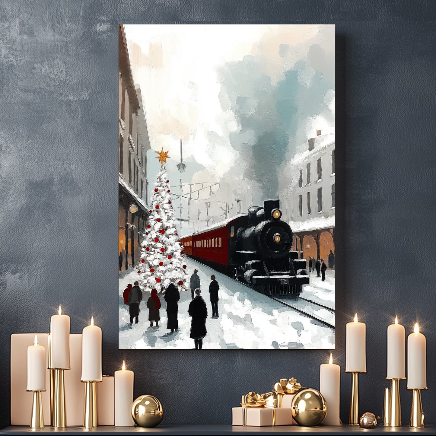 Snowy train station with a decorated Christmas tree, vintage locomotive, and people gathered on the platform.