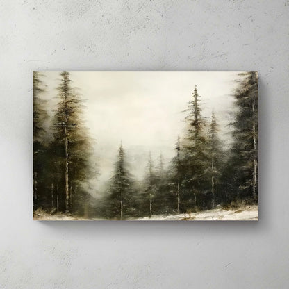 Snow-covered pine trees in a misty forest, evoking a calm and serene winter landscape.