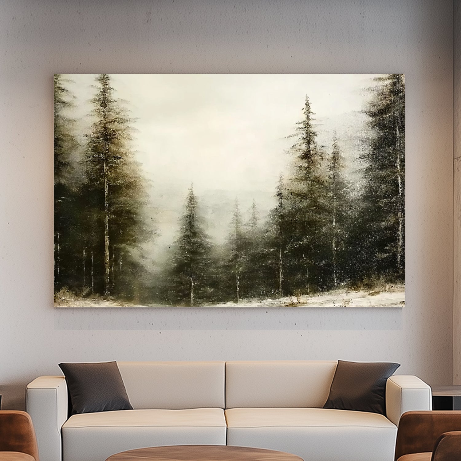 Snow-covered pine trees in a misty forest, evoking a calm and serene winter landscape.