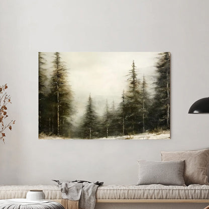 Snow-covered pine trees in a misty forest, evoking a calm and serene winter landscape.