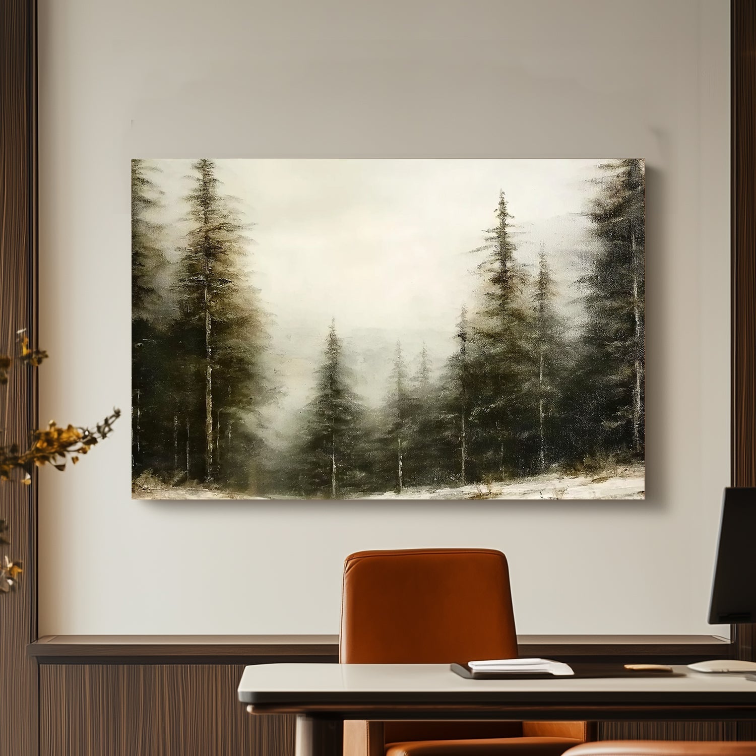 Snow-covered pine trees in a misty forest, evoking a calm and serene winter landscape.