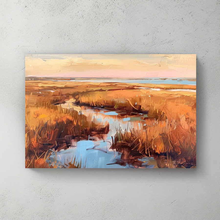 Impressionistic painting of golden marshlands with water reflections and a sunset sky.