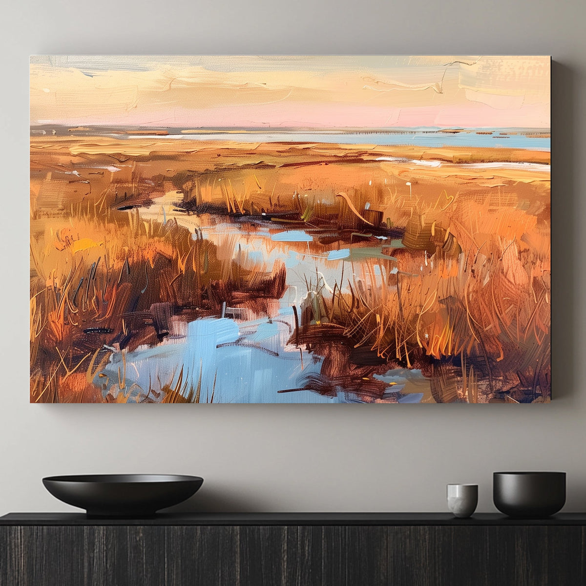 Impressionistic painting of golden marshlands with water reflections and a sunset sky.