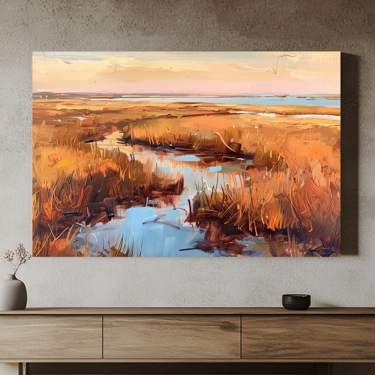 Impressionistic painting of golden marshlands with water reflections and a sunset sky.