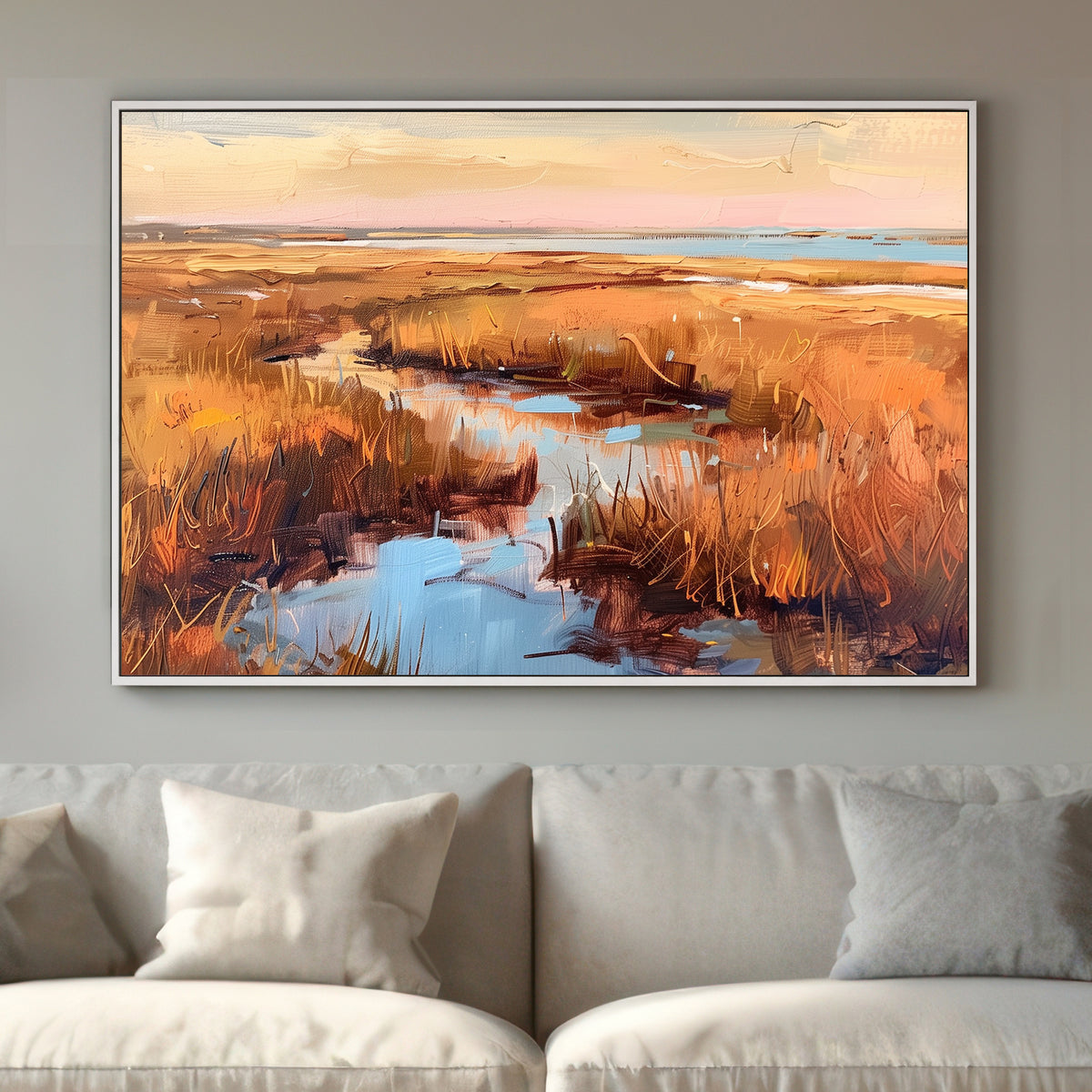 Impressionistic painting of golden marshlands with water reflections and a sunset sky.