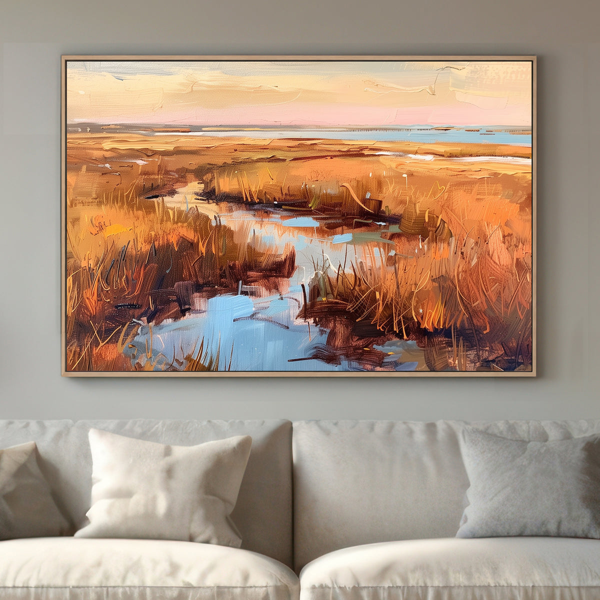 Impressionistic painting of golden marshlands with water reflections and a sunset sky.