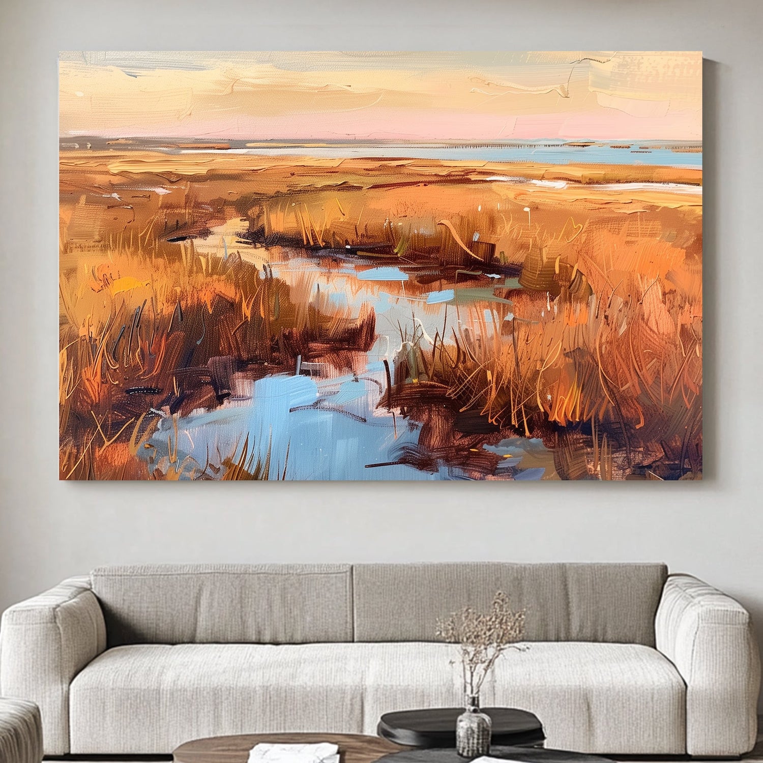 Impressionistic painting of golden marshlands with water reflections and a sunset sky.