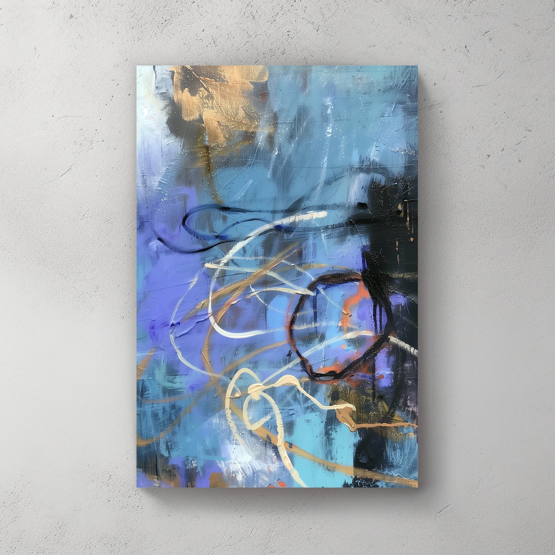 Abstract painting with dynamic blue, gold, and black strokes in a contemporary style.