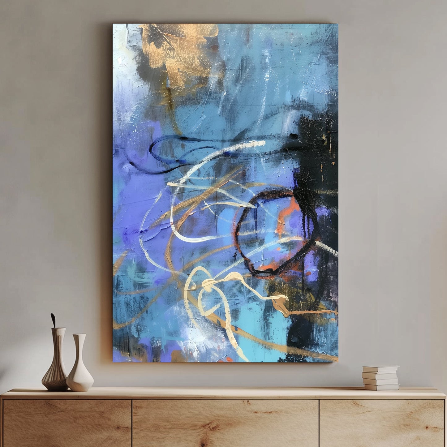 Abstract painting with dynamic blue, gold, and black strokes in a contemporary style.