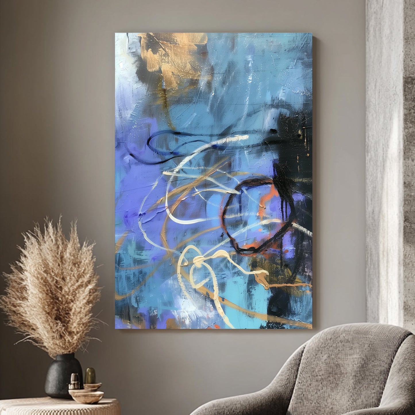 Abstract painting with dynamic blue, gold, and black strokes in a contemporary style.