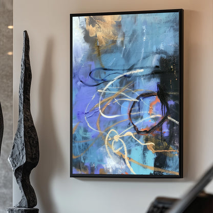 Abstract painting with dynamic blue, gold, and black strokes in a contemporary style.