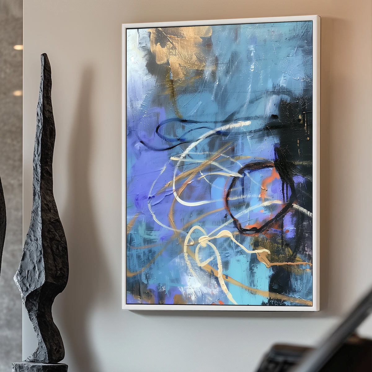 Abstract painting with dynamic blue, gold, and black strokes in a contemporary style.