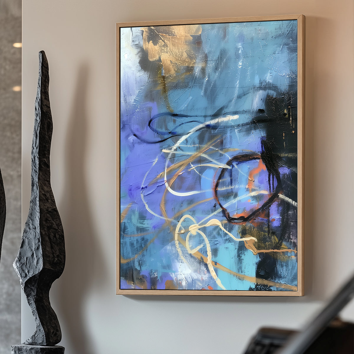 Abstract painting with dynamic blue, gold, and black strokes in a contemporary style.
