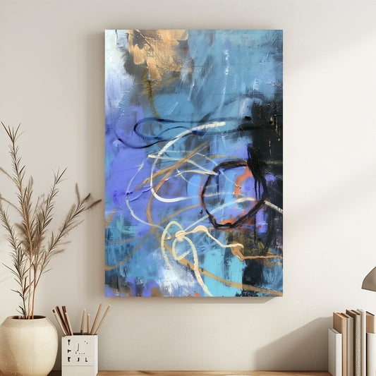 Abstract painting with dynamic blue, gold, and black strokes in a contemporary style.