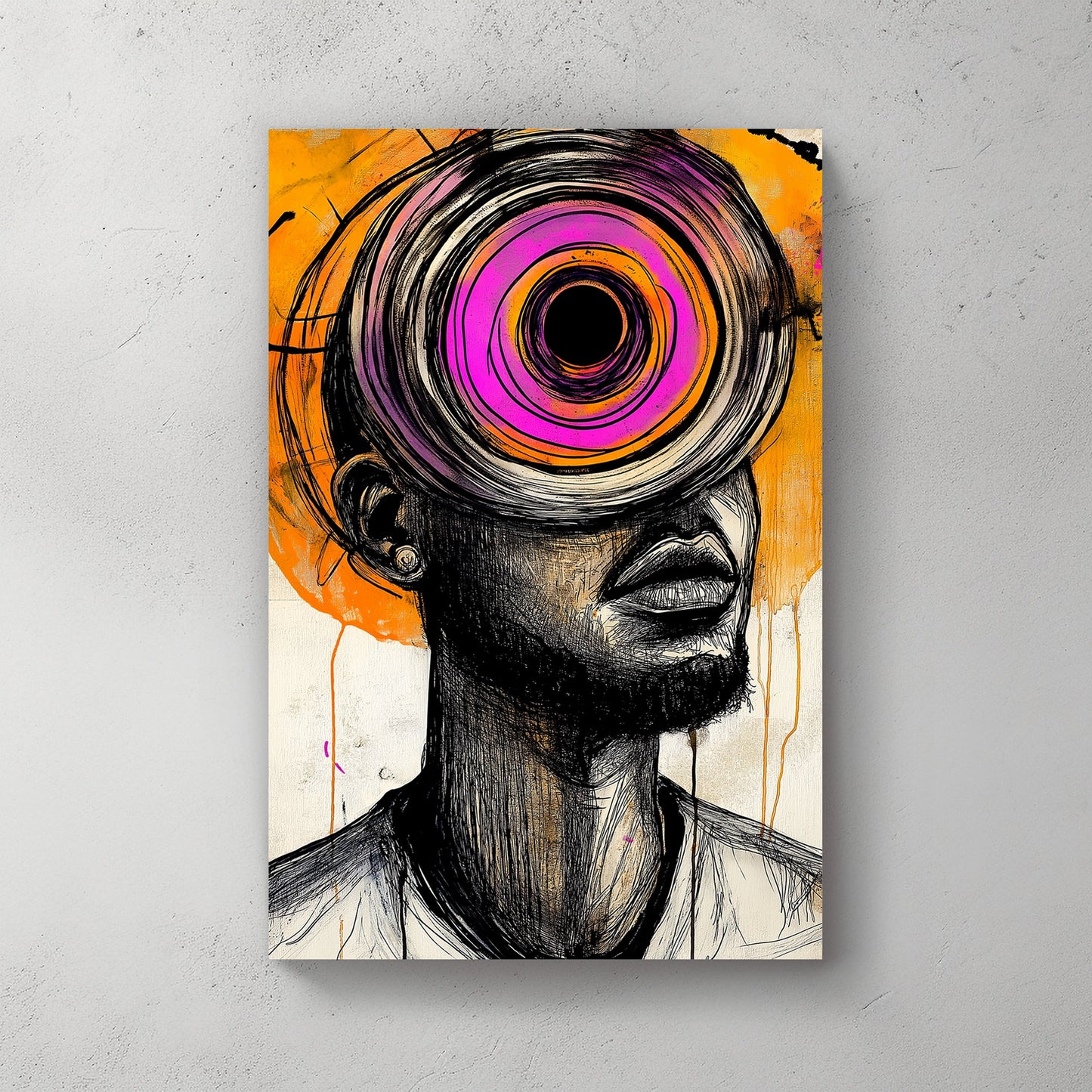 Abstract portrait featuring vibrant pink and orange hues with bold black sketch lines, inspired by graffiti and modern art styles.