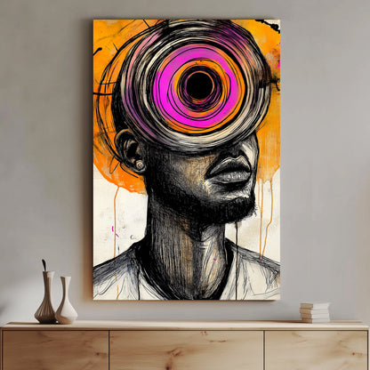 Abstract portrait featuring vibrant pink and orange hues with bold black sketch lines, inspired by graffiti and modern art styles.