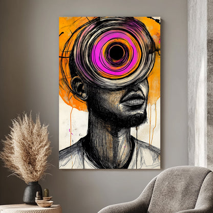 Abstract portrait featuring vibrant pink and orange hues with bold black sketch lines, inspired by graffiti and modern art styles.