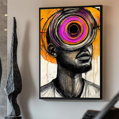 Abstract portrait featuring vibrant pink and orange hues with bold black sketch lines, inspired by graffiti and modern art styles.