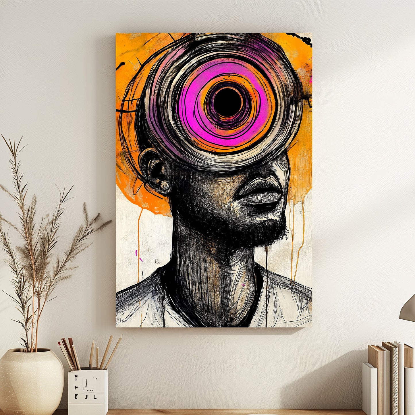 Abstract portrait featuring vibrant pink and orange hues with bold black sketch lines, inspired by graffiti and modern art styles.