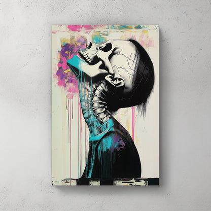 Abstract skeletal portrait with vibrant turquoise and magenta accents, dripping paint, and graffiti-inspired expressionism.