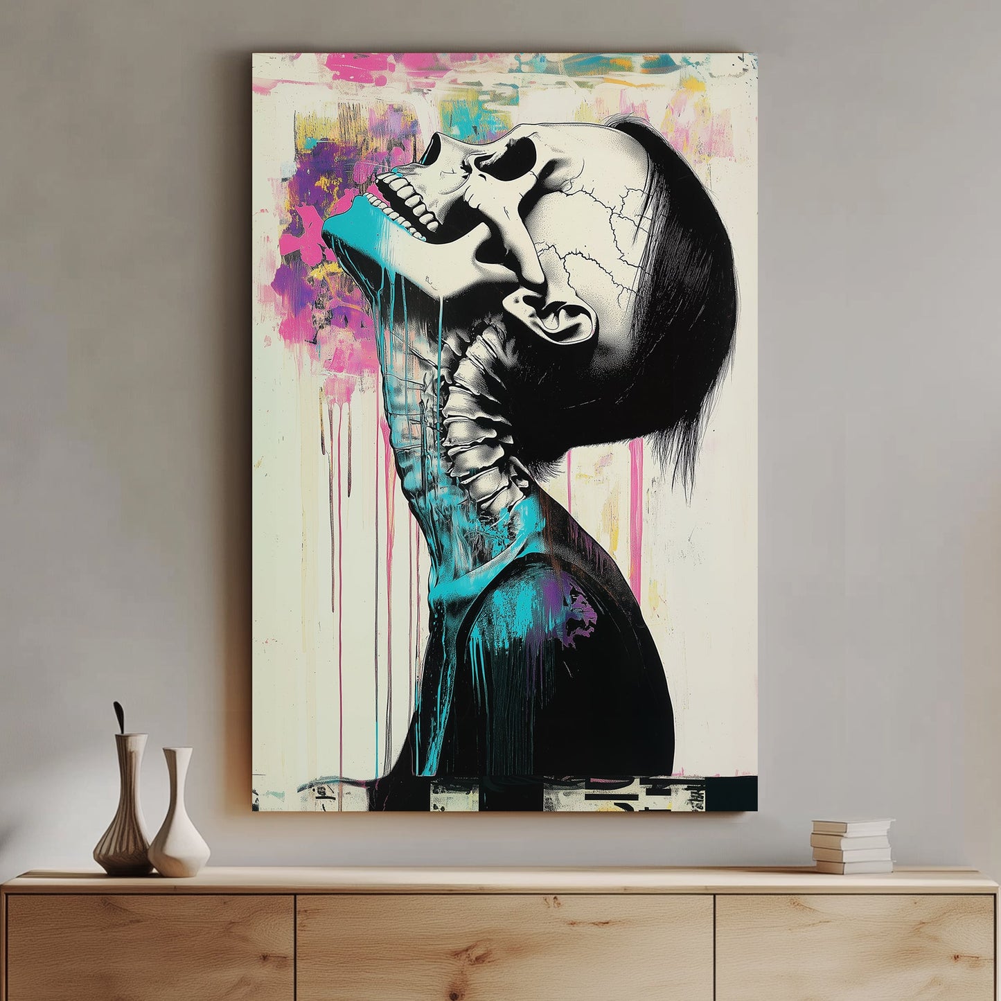 Abstract skeletal portrait with vibrant turquoise and magenta accents, dripping paint, and graffiti-inspired expressionism.