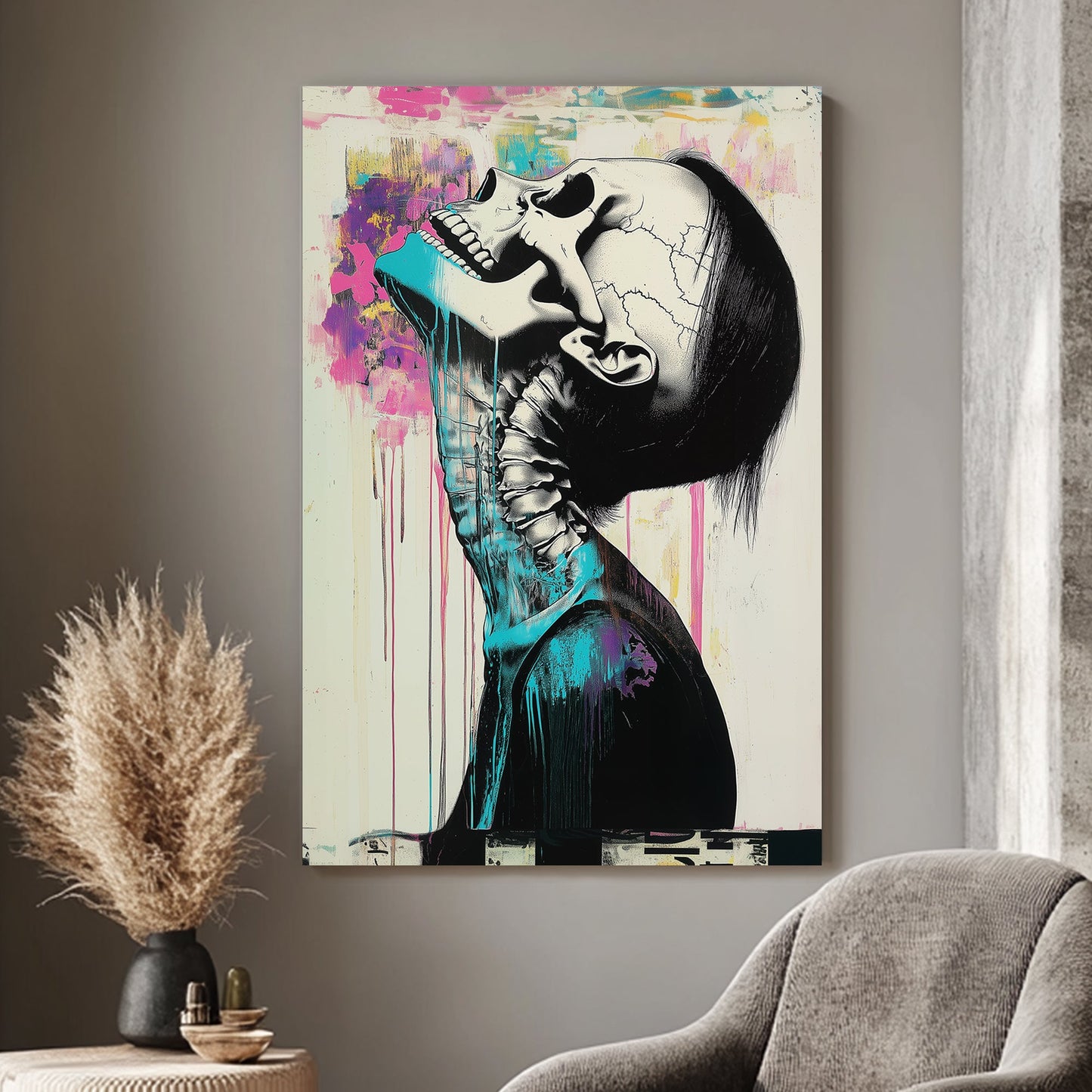 Abstract skeletal portrait with vibrant turquoise and magenta accents, dripping paint, and graffiti-inspired expressionism.