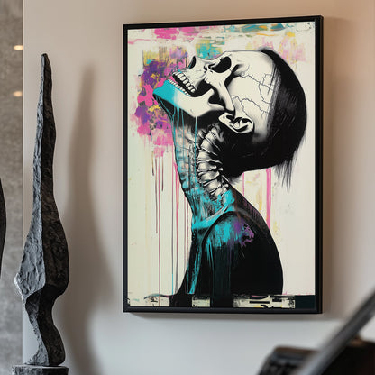 Abstract skeletal portrait with vibrant turquoise and magenta accents, dripping paint, and graffiti-inspired expressionism.