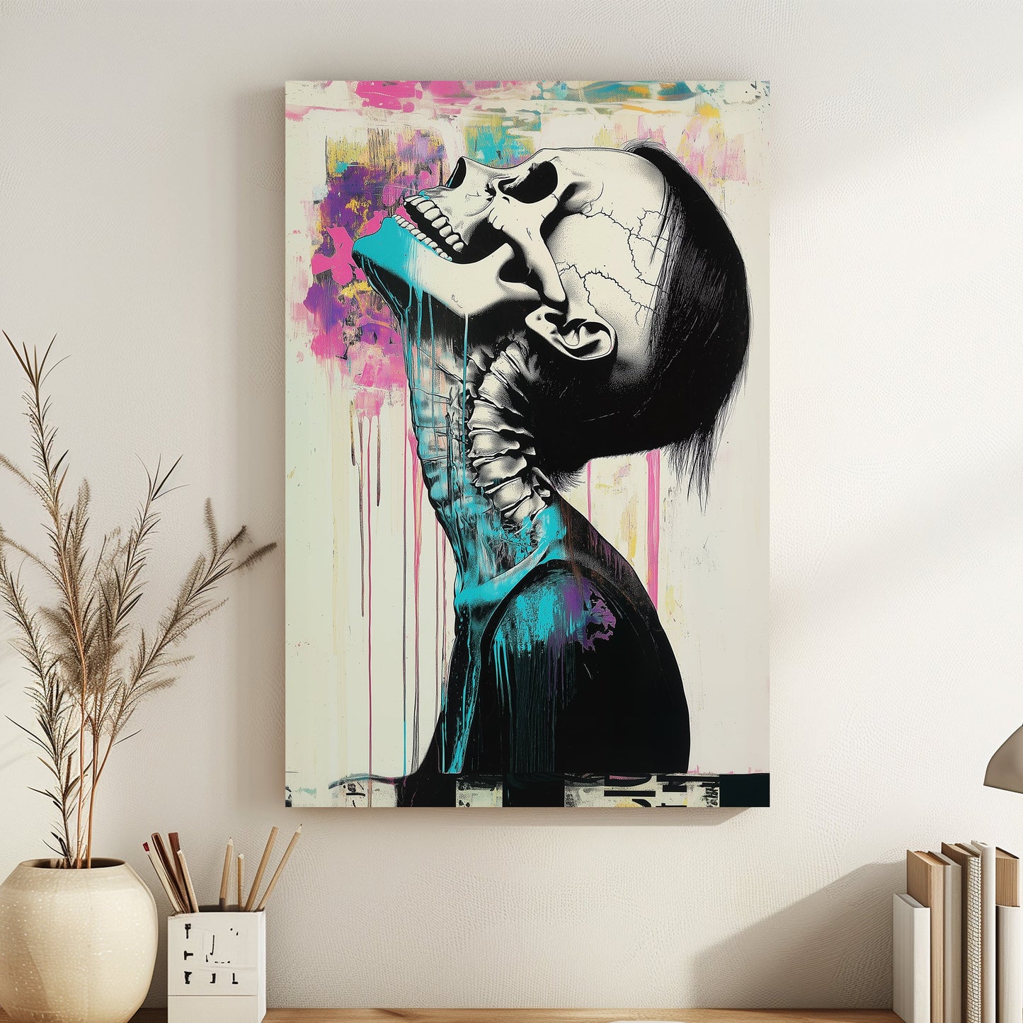 Abstract skeletal portrait with vibrant turquoise and magenta accents, dripping paint, and graffiti-inspired expressionism.