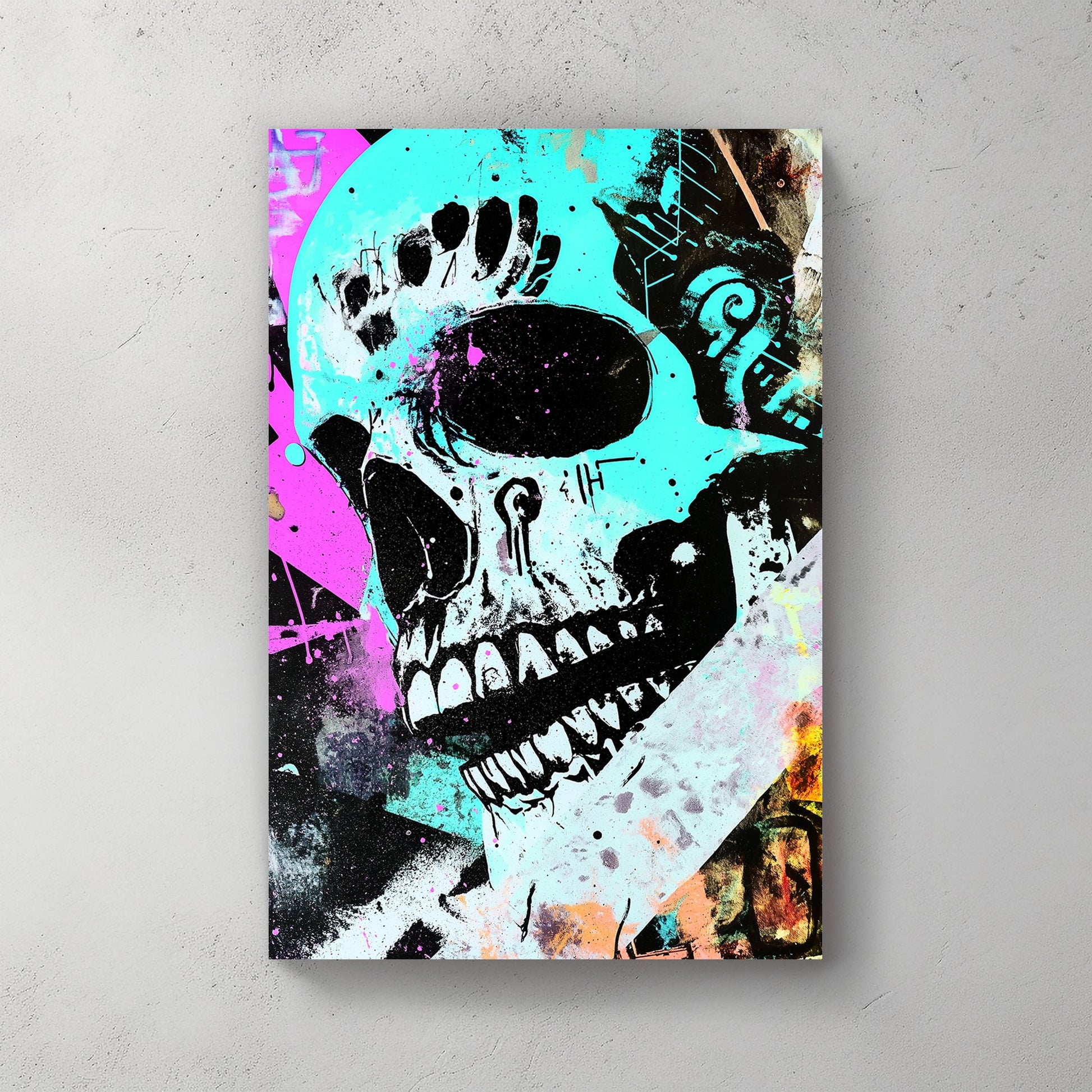 Graffiti-inspired skull artwork with neon cyan, magenta, and black colours, blending pop art and abstract textures.