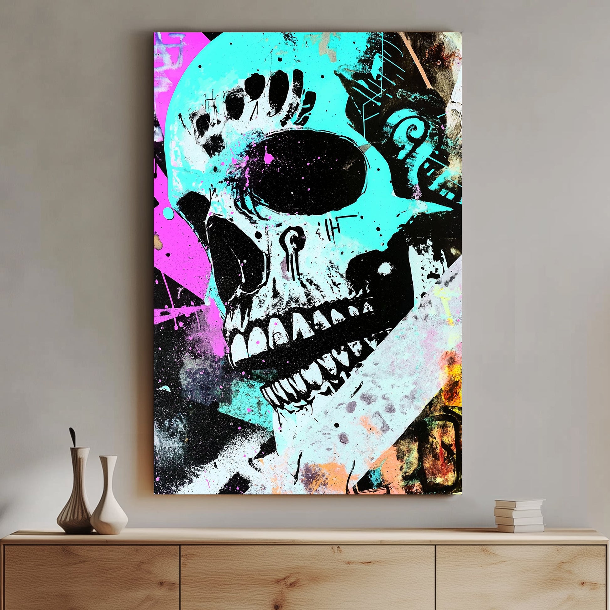 Graffiti-inspired skull artwork with neon cyan, magenta, and black colours, blending pop art and abstract textures.