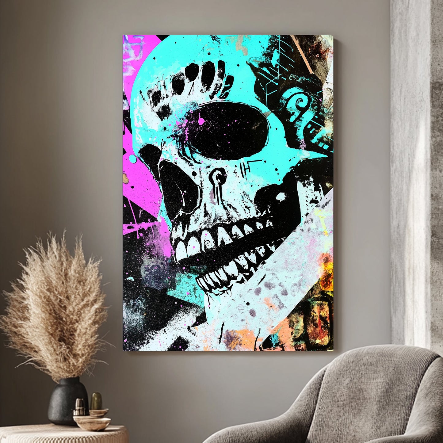 Graffiti-inspired skull artwork with neon cyan, magenta, and black colours, blending pop art and abstract textures.