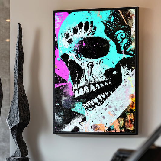 Graffiti-inspired skull artwork with neon cyan, magenta, and black colours, blending pop art and abstract textures.