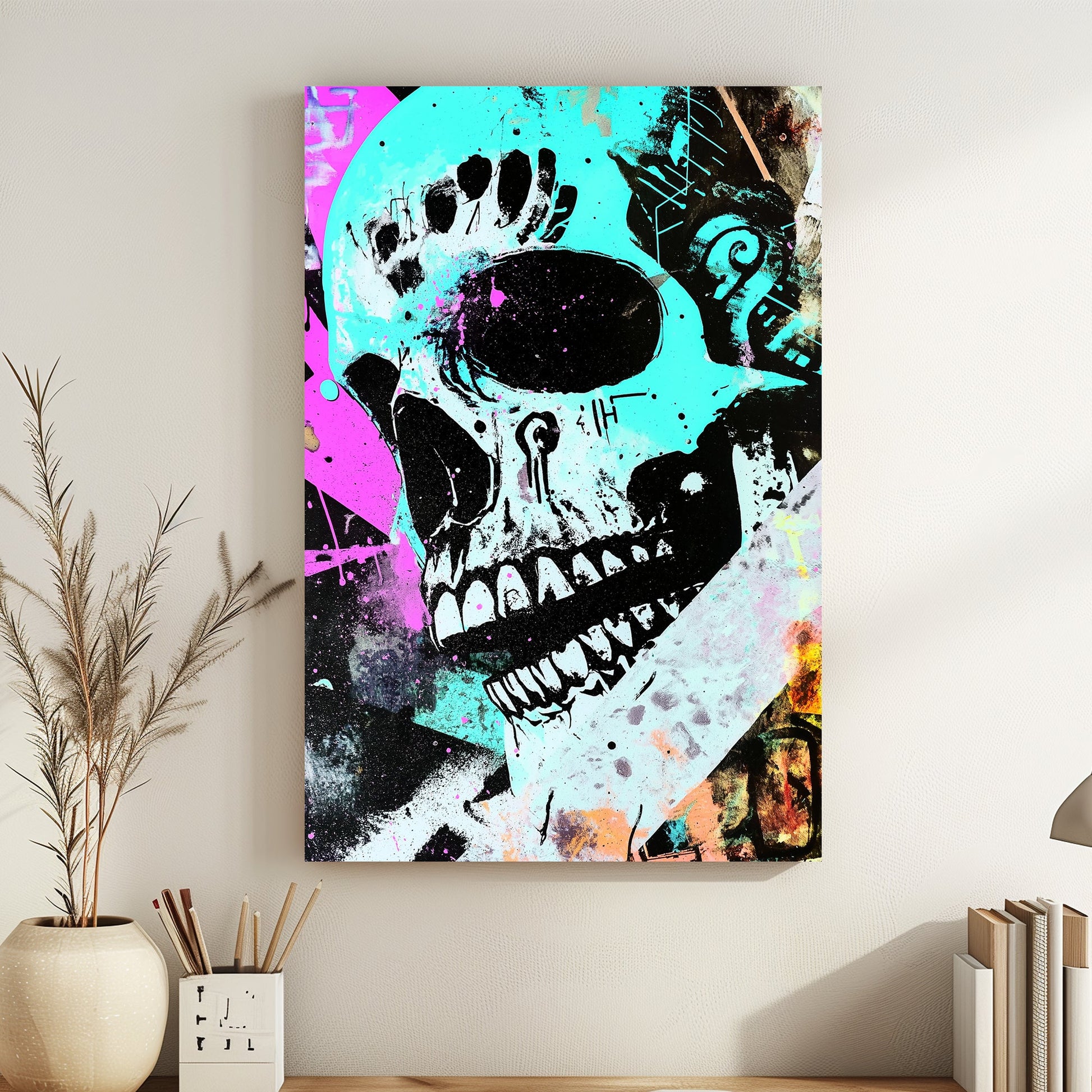 Graffiti-inspired skull artwork with neon cyan, magenta, and black colours, blending pop art and abstract textures.