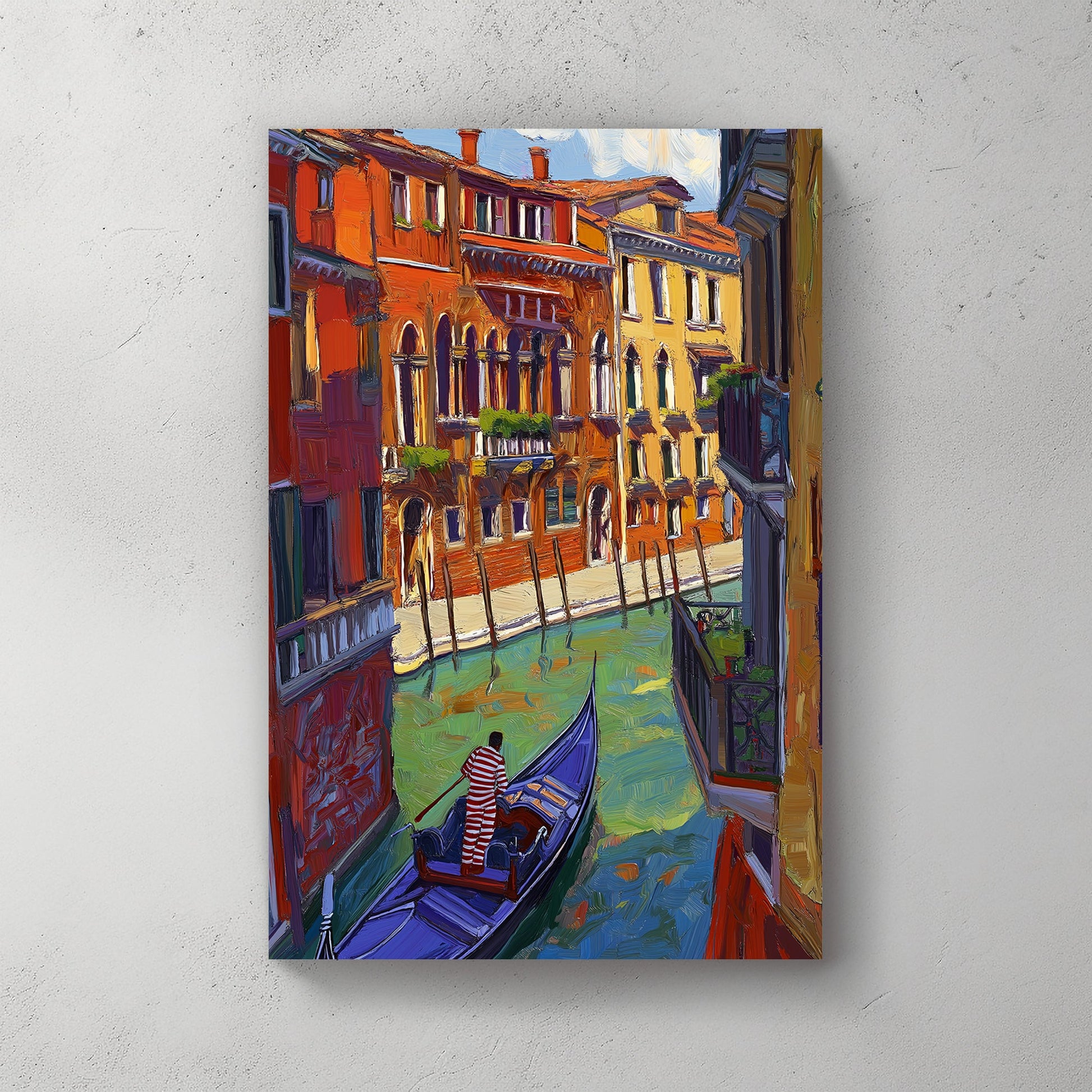 Impressionist painting of a Venetian canal with colourful buildings and a gondolier in a blue gondola.